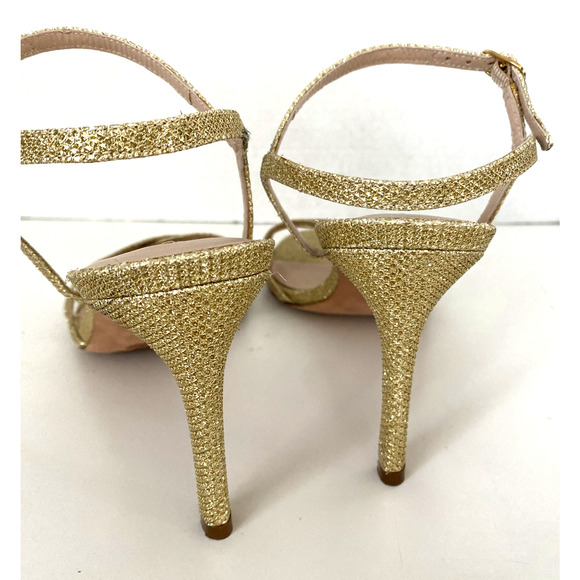 Stuart Weitzman Starla Gold Sandal 3.5"Slim Heel Open Toe Glitter Ankle Strap 10 - Picture 7 of 10